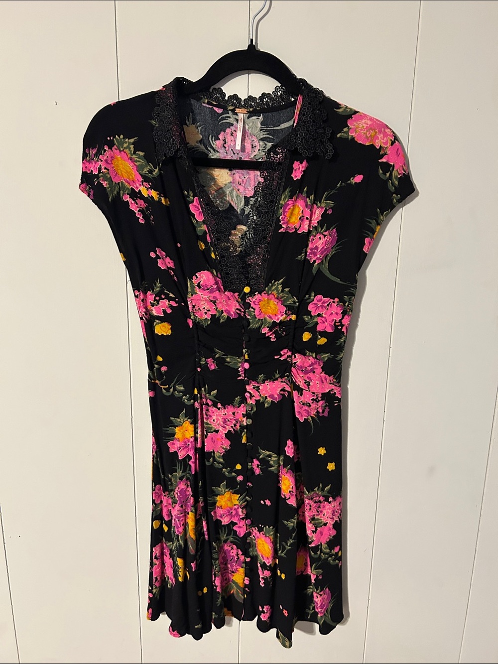 Free People Black Dress with Pink & Yellow Floral Print and Lace Trim